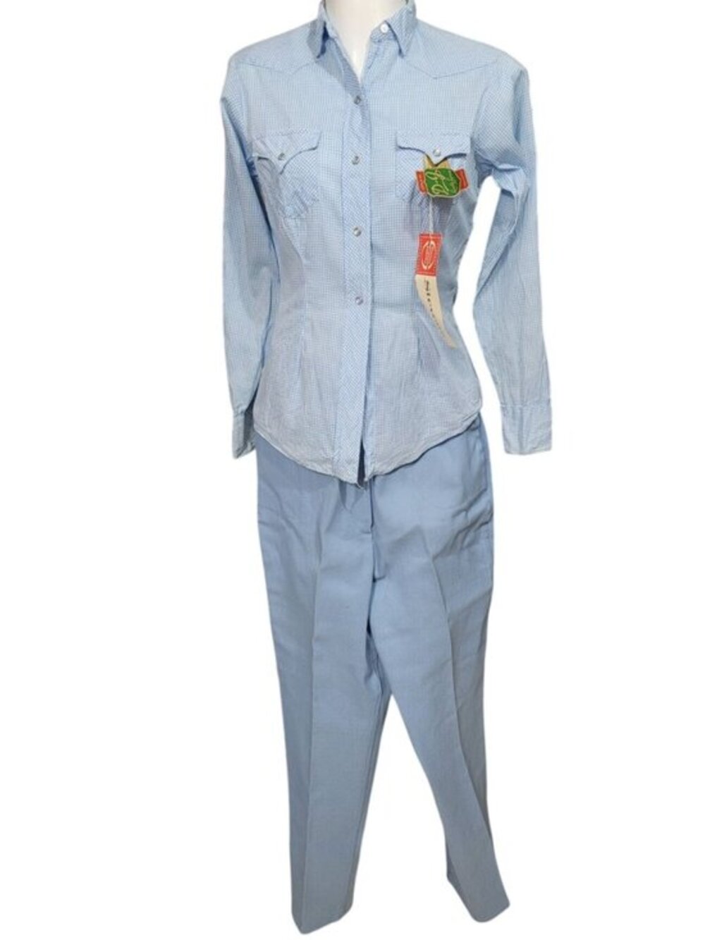 Vintage Gingham Shirt & Pants Set Light Blue